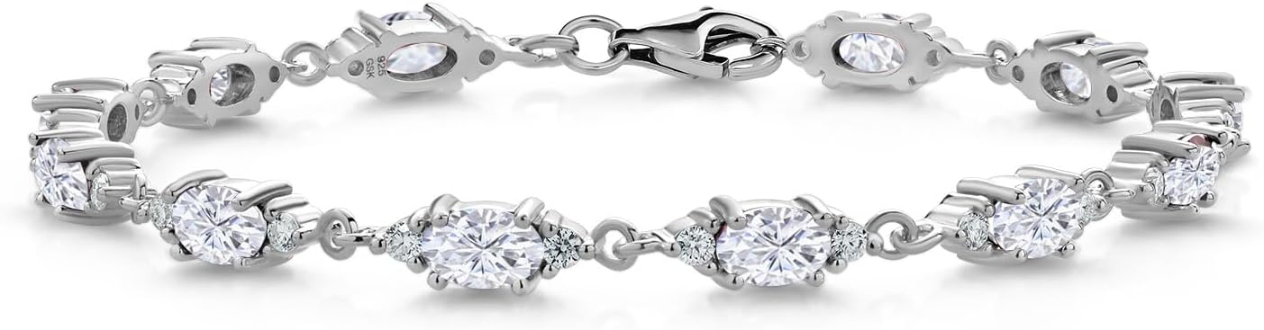 Gem Stone King 6.91 Cttw Oval and Round White Moissanite Tennis Bracelet For Women | 925 Sterling Silver | Oval 6X4MM | Round 2MM | 6.5, 7, 7.5 Inch | Fine Jewelry Gifts for Her Mom Women Wife