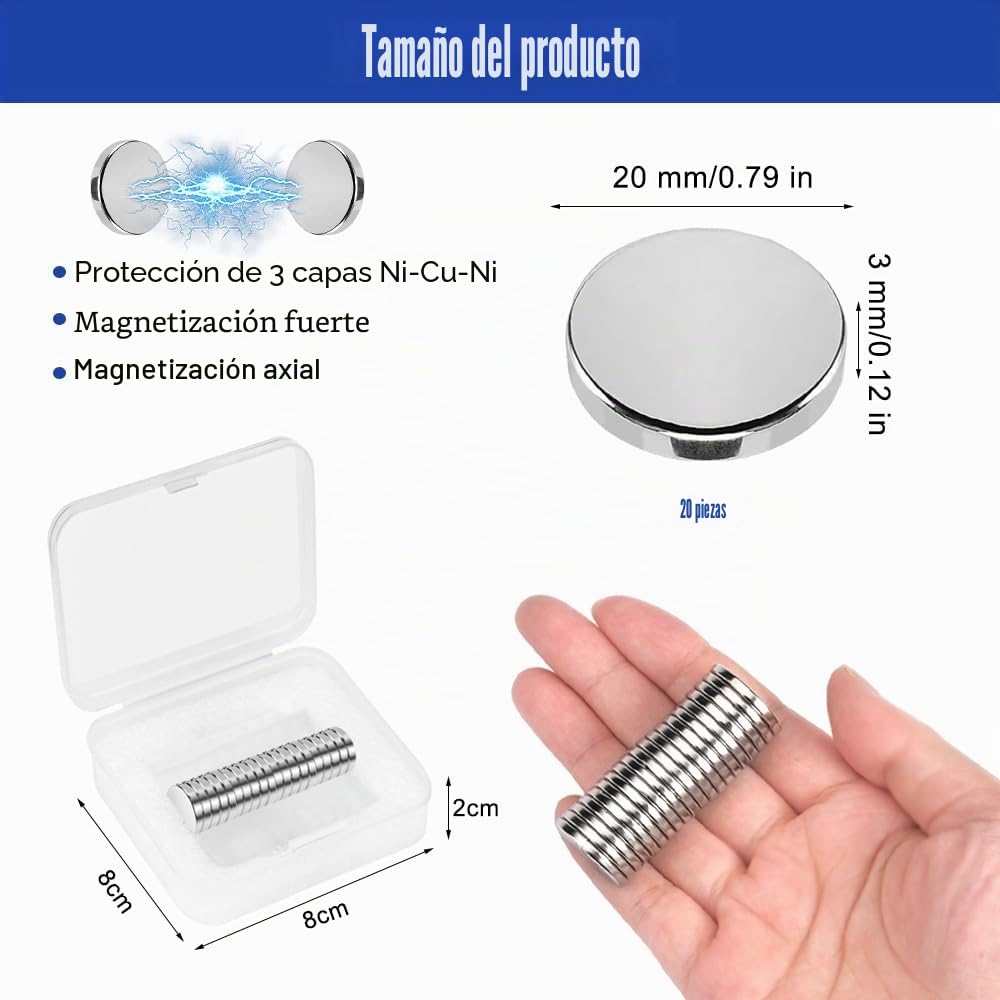 Imanes de Neodimio 20 Piezas 20 x 3 mm Redondos Pequeños Fuertes para Oficina Hogar