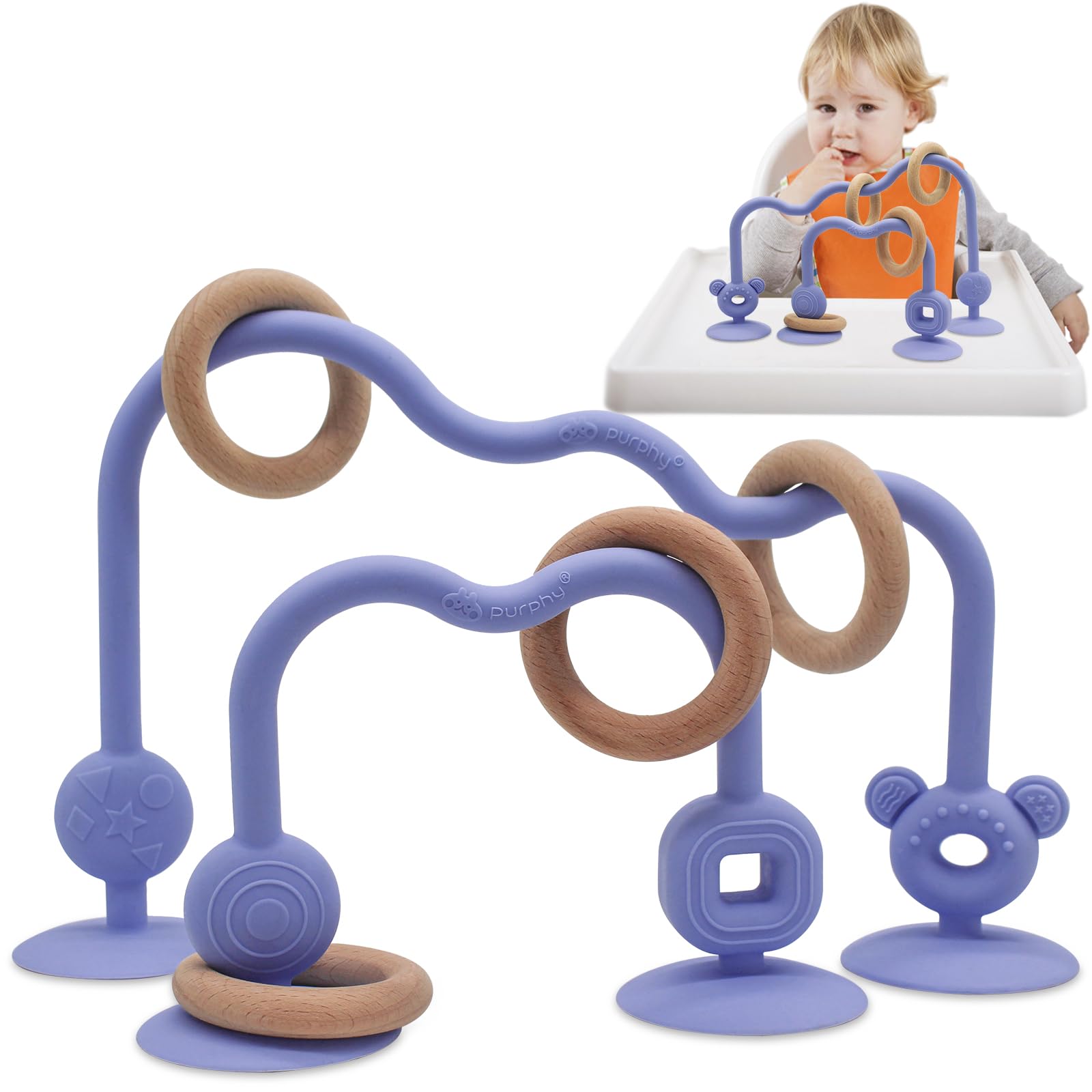 Purphy High Chair Teether - Montessori Silicone and Wooden Sensory Toys for 6 Months Infant Toddlers - Food Grade (Purple)