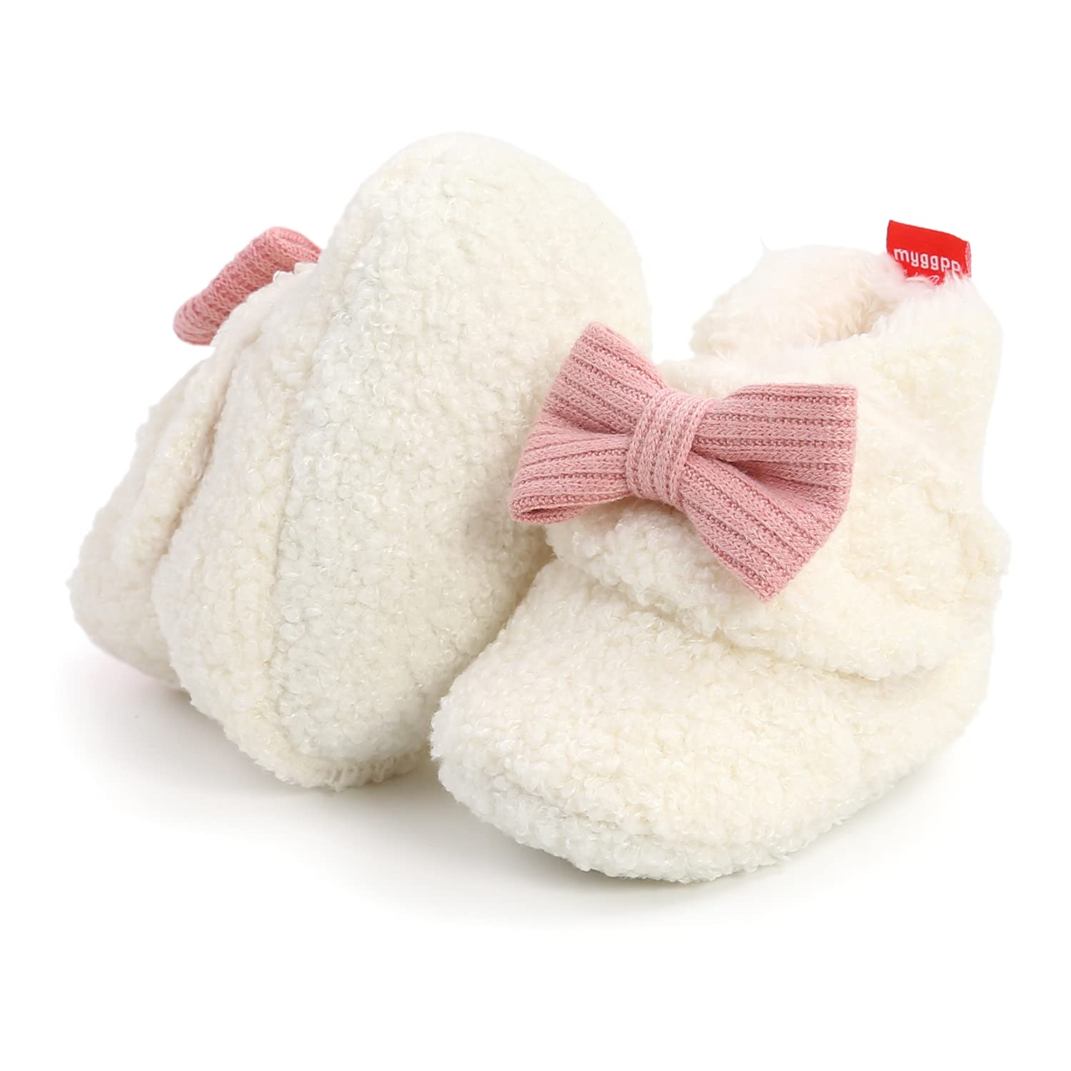 Ohwawadi Baby Girl Bow Booties Cozy Fleece Infant Baby Slippers Soft Warm Socks Shoes Newborn Crib Shoes White 0-6 Months
