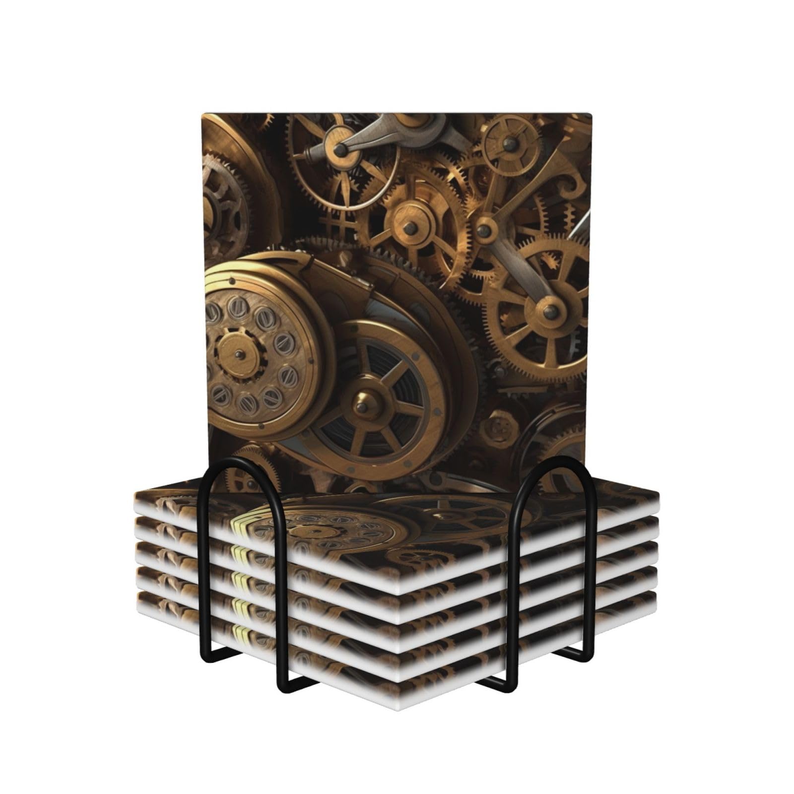 Cool Steampunk Gears Coasters for Drinks Set of 6 Absorbent Ceramic Coaster with Holder and Cork Base Cute Stone Drink Coasters for Home Decor Coffee Table Bar Desk Housewarming Gift