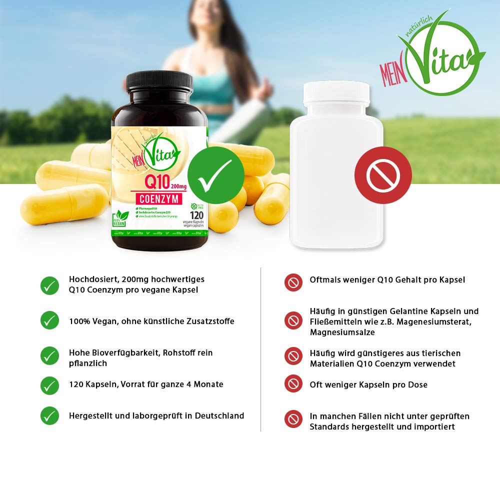 Coenzym Q10, 100% Vegan, extra hochdosiert mit 200mg pro Kapsel - 120 Kapseln im 4 Monatsvorrat, Bioaktiv, Premium Q10 | hochdosiert, 4 Monatsvorrat, ohne Gelatine