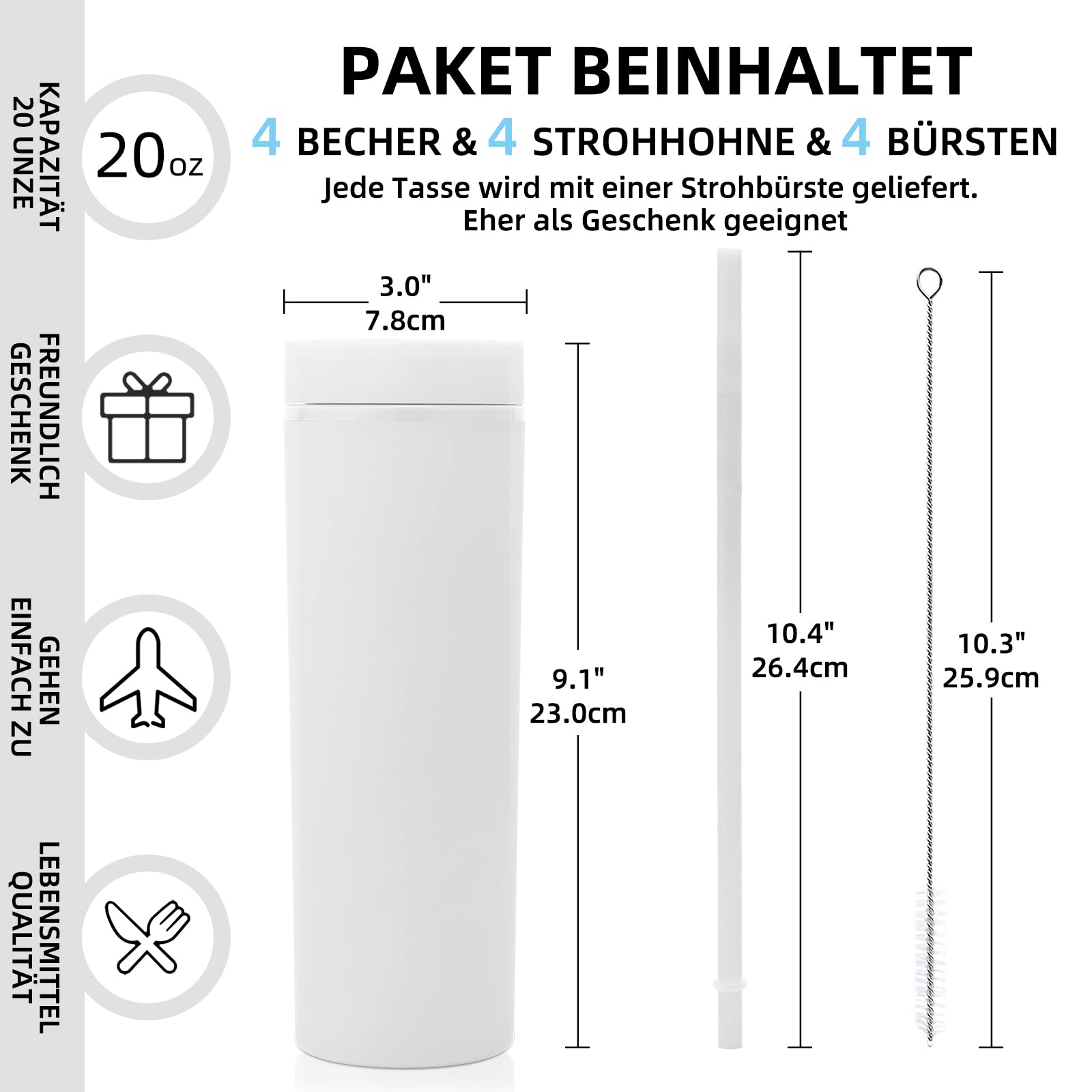 Volhoply 600 ml Trinkbecher mit Deckel und Strohhalm Zehnerpack,20oz Doppelwandiger Wiederverwendbar Reisebecher Kinder,BPA-freier Matte Pastellfarben Acryl-Plastikbecher für Geschenk(Weiß,10 Stück)