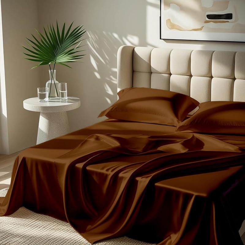 Image of Premium Satin Double Bed (90x100 Inchs) with 2 Pillow Cover Bedsheet Ultra Soft & Silky Smooth, Breathable Cooling Fabric, Luxury Glossy Finish|Chocolate