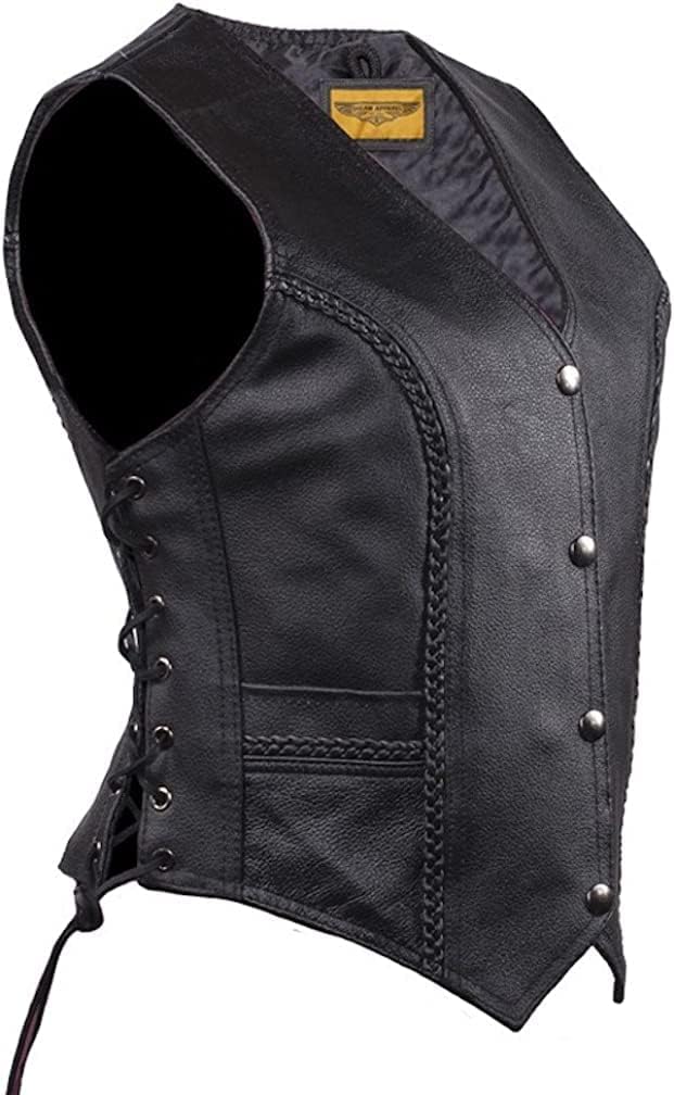 Womens Black Leather Motorcycle Vest with Braid on Front and Back Side Laces