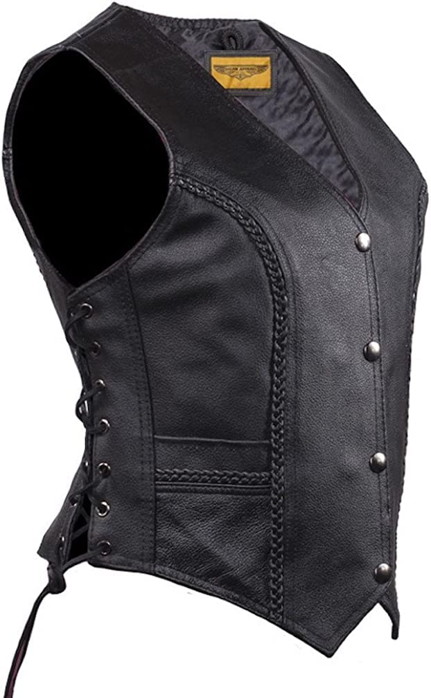 Women's Black Leather Vest with Braid