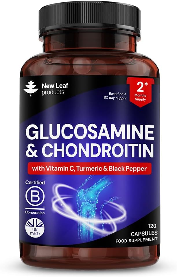 NEW LEAF PRODUCTS Glucosamine and Chondroitin High Strength - with MSM Extra Absorbency Enriched with Vitamin C, Glucosamine Sulphate Chondroitin Sulphate Gluten-Free, GMP, 120 Food Supplement Tablets