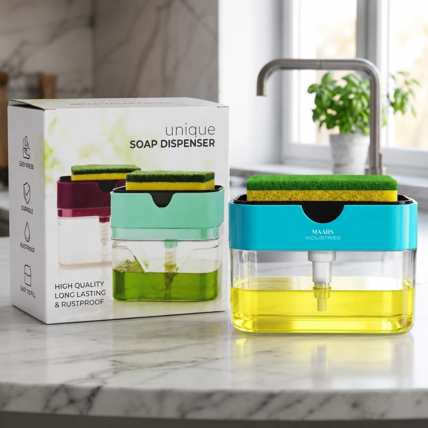 MAARS 2 in 1 Soap Dispenser for Kitchen Sink with Sponge Holder, Press Type Liquid Dispenser for Kitchen Sink, Leakproof Kitchen Soap Dispenser with Easy Refill Design-image-24