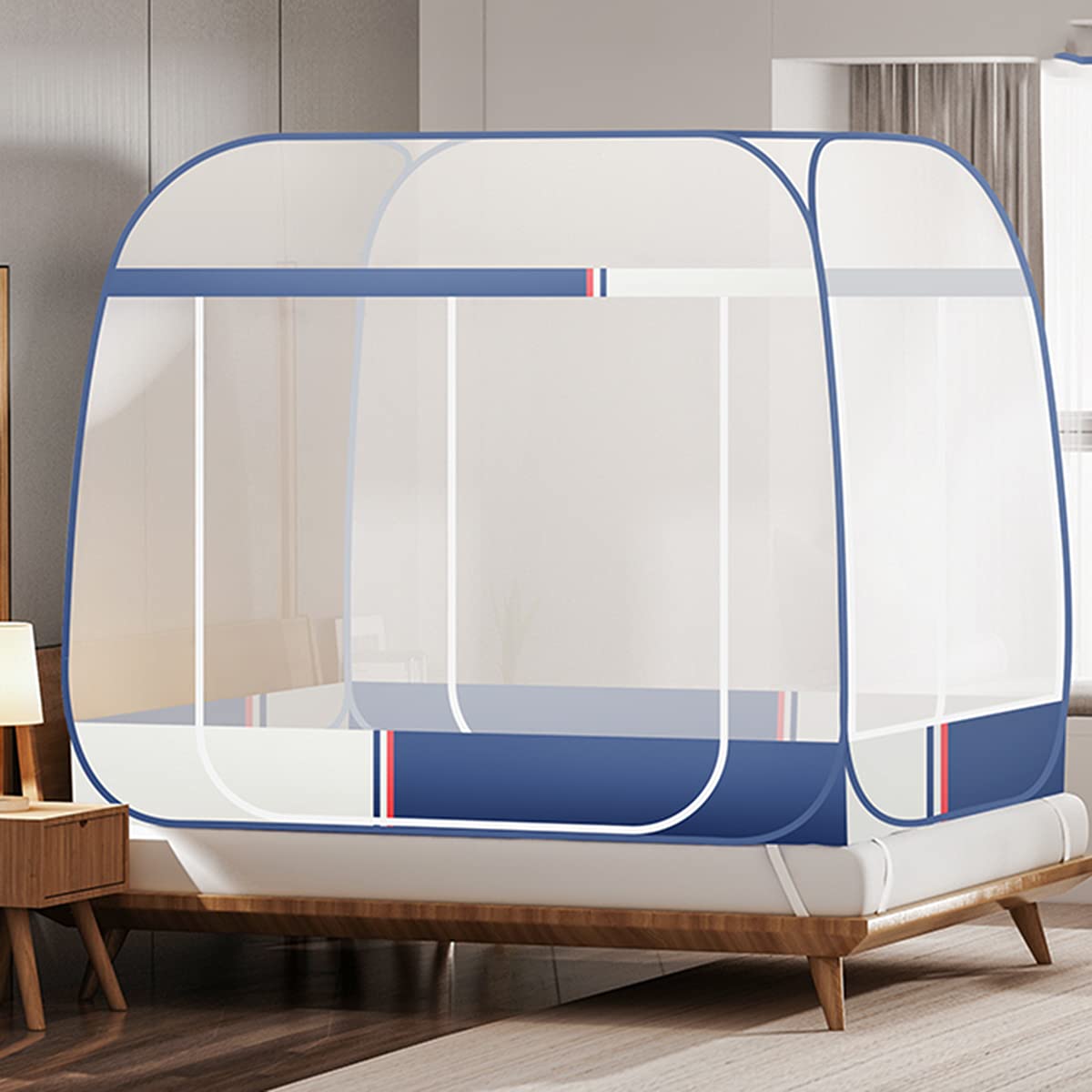 Moustiquaire pour lit, Tente Portable de Voyage Pliable avec Double Porte avec Fond pour Voyage en Plein air, bébés, Enfants et Adultes, Pas Besoin de nnnstall, Bleu 1,150 x 195 x 155 cm