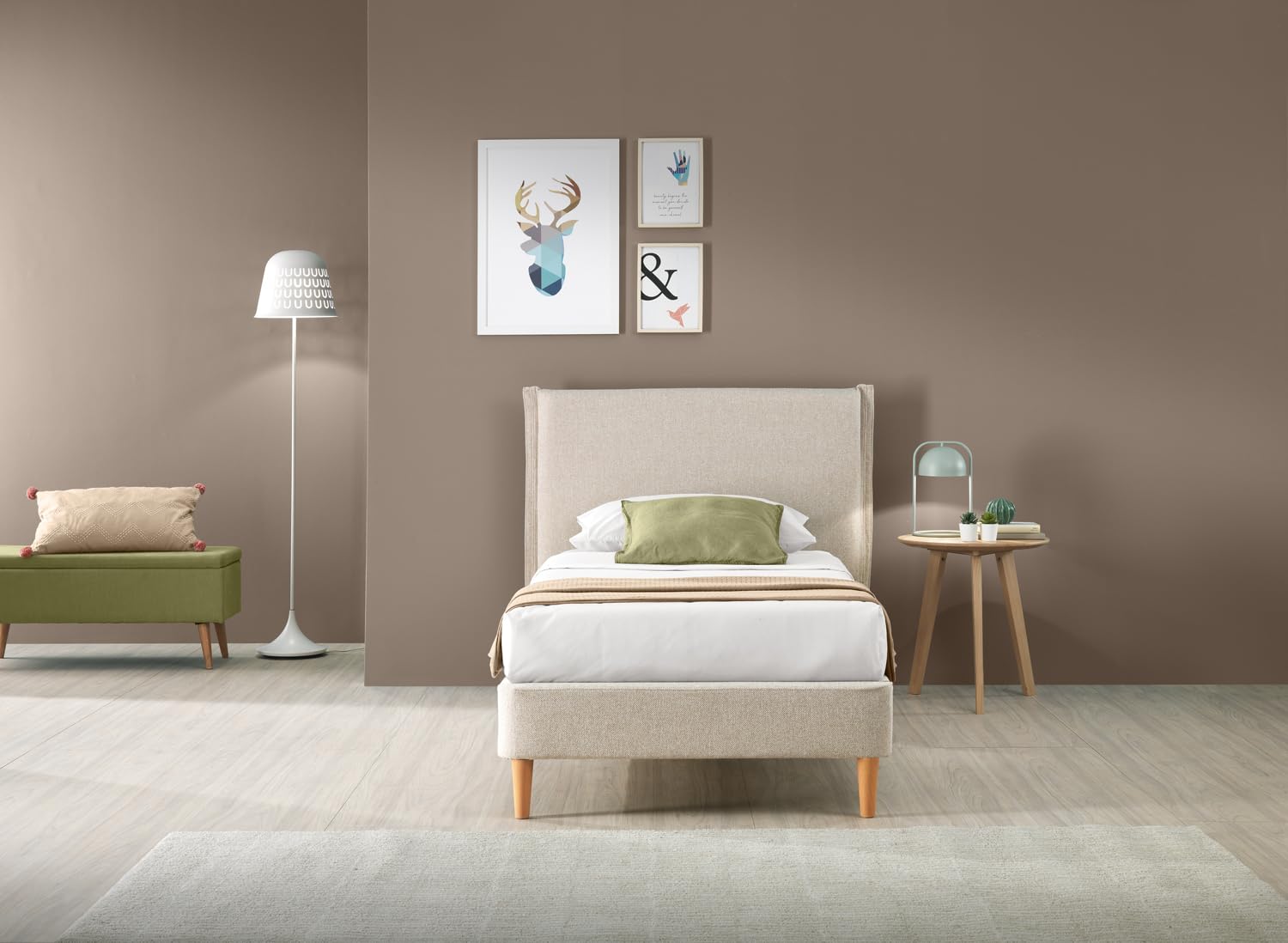 EVERGREENWEB Letto Singolo in doghe in legno con Testata e rivestimento in tessuto Beige | facile da montare |Adatto per materasso cm 90x200 | Letto di Design |Mod. Parigi