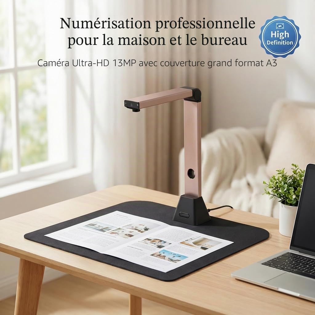 Scanner Document A3 Portable: 13MP Haute Définition OCR Caméra Automatique avec LED Intégrée USB Compatible Windows (Non Mac) Usage Bureau Maison Éducation Entreprise