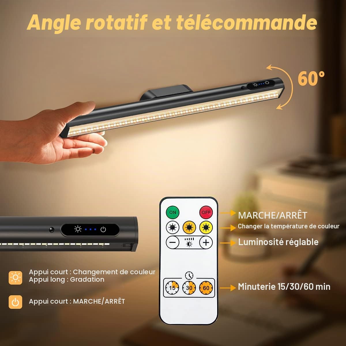 Hapfish Lampe de Bureau LED Sans Fil, 4000mAh Lumiere Rechargeable USB, Reglette LED Cuisine Magnétique avec Télécommande, Éclairage Murale pour Placard, Tableau, Miroir, Armoire, Bibliothèque