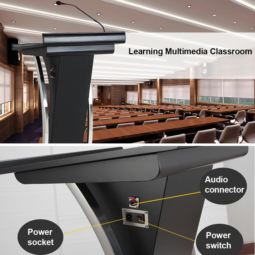 Pupitre Discours avec Micro, Bureau Debout sur Podium Pupitre de Salle de Classe pour Conférence Auditorium Séminaire École Cours, 54x57x120cm Black