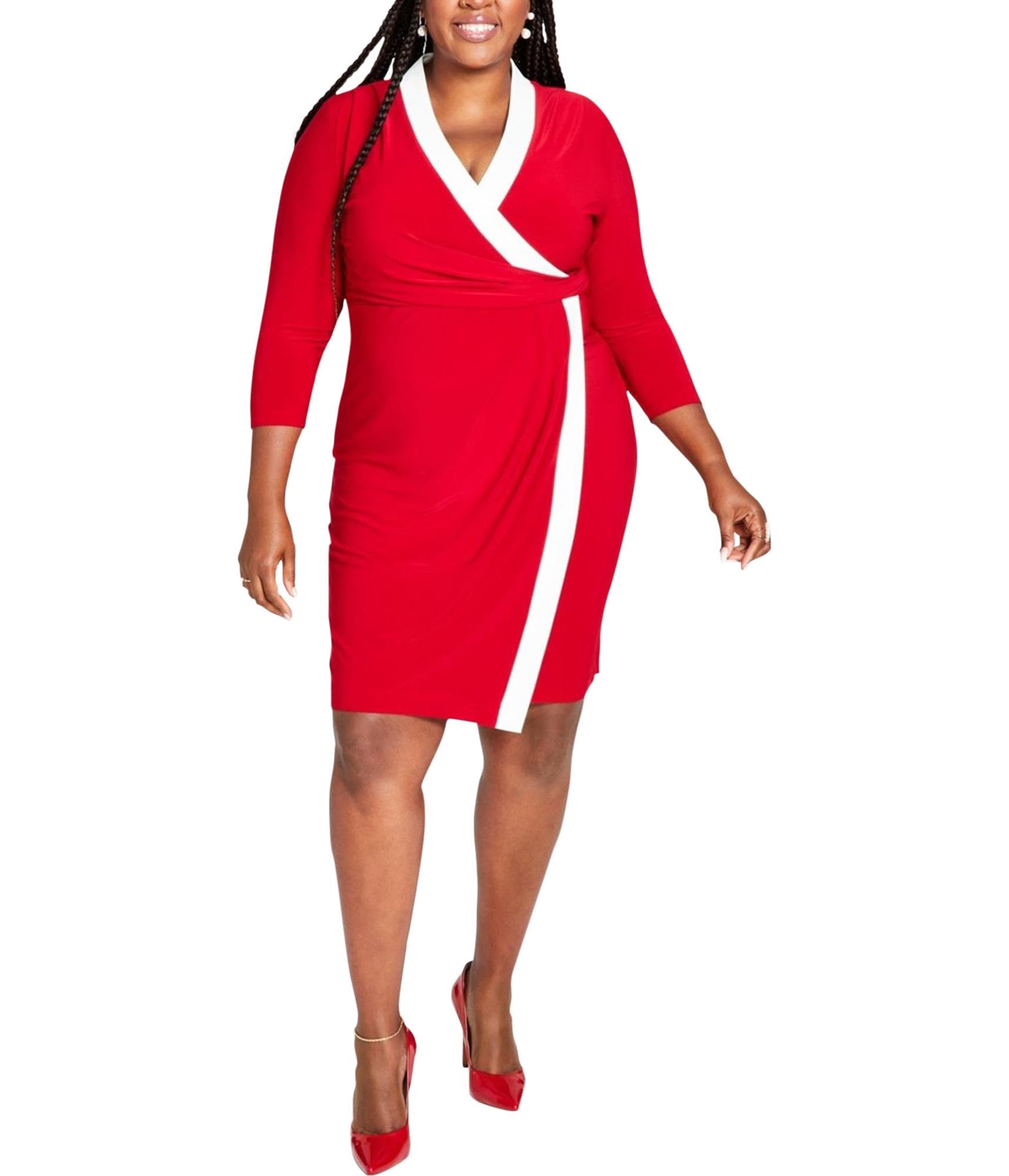 Kasper Womens Plus Size Surplice V-Neck Long-Sleeve Dress Crimson Cream 1X