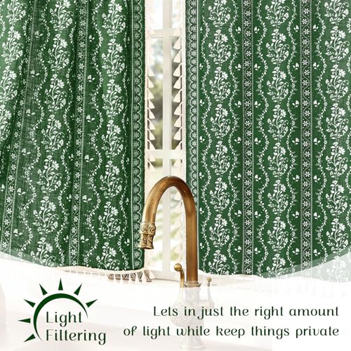 Image of Yinhua Boho Kitchen Curtains 36 Inch Length Vintage Linen Cafe Curtains Light Filtering Bohemian Floral Tier Rod Pocket Farmhouse Rustic Tassel Small Drapes with Tiebacks, 2 Panels, Olive Green