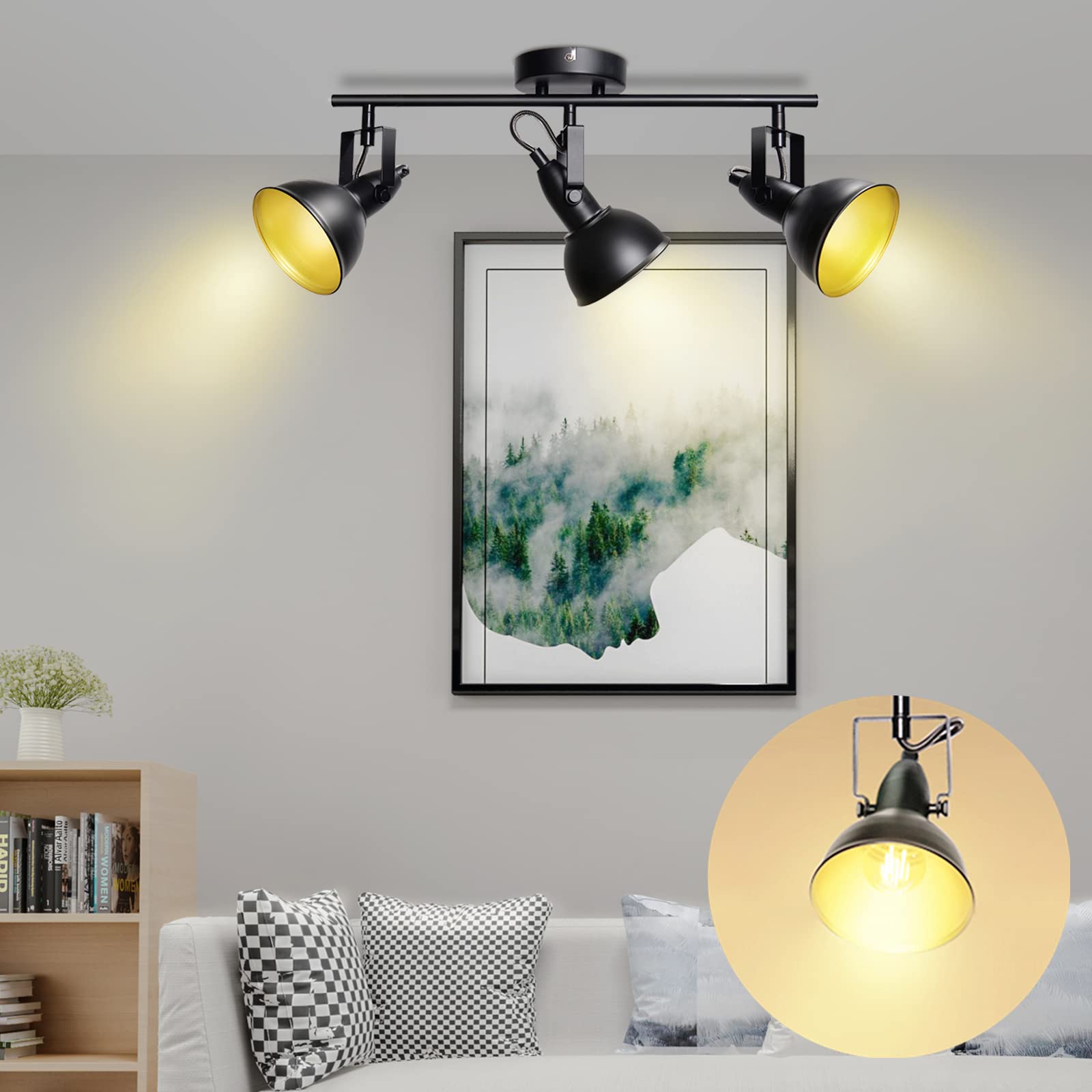 Unikcst Deckenstrahler 3-flammig E14 Schwarz Deckenlampe mit Leuchtmittel | Vintage Metall Deckenleuchte mit schwenkbaren Spots, incl. 3x4W LED Leuchtmittel 230V warmweiß für Wohnzimmer Schlafzimmer