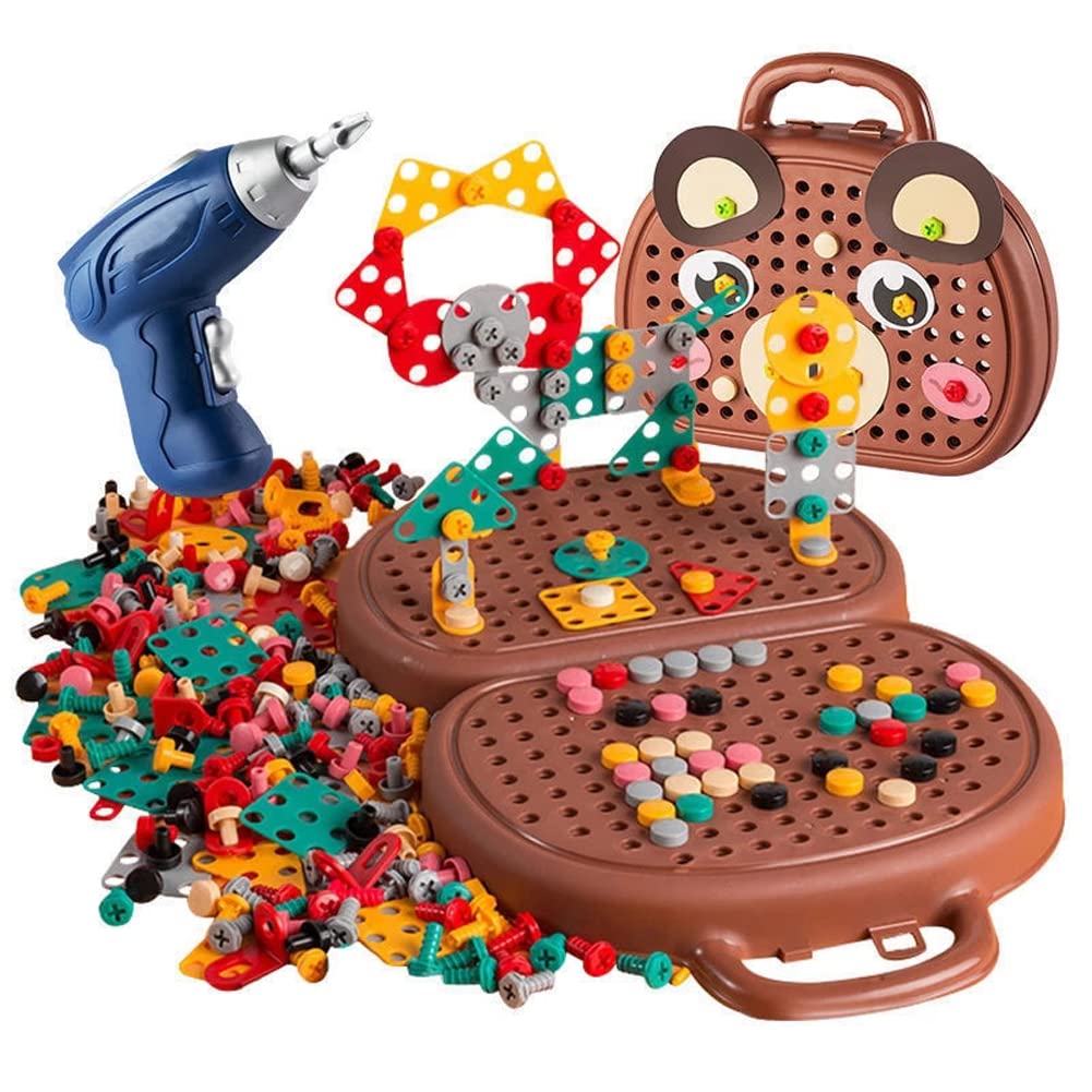 Creativity Tool Box,Creative Mosaic Puzzle Toy with Electric Drill Screw Tool,203PCS Creative Mosaic Drill for Kids,DIY Drill Puzzle Educational Toys,STEM Engineering Building Blocks Learning Kit (A)