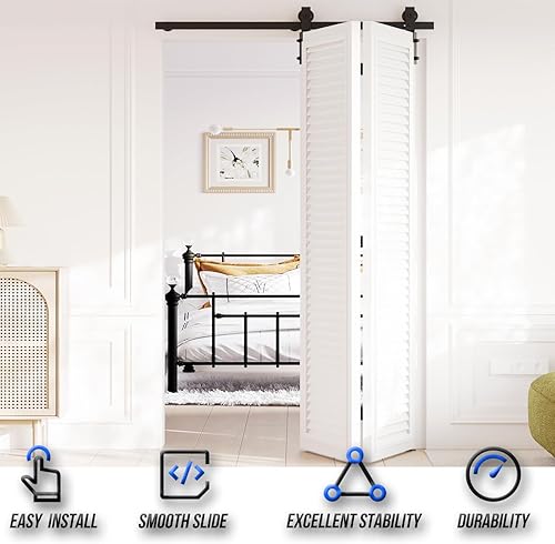 Miniatura 2 de Kit de riel de montaje en forma de J de 43 pulgadas para puerta corredera de granero biplegable, rodillo negro montado en el lado resistente, apto