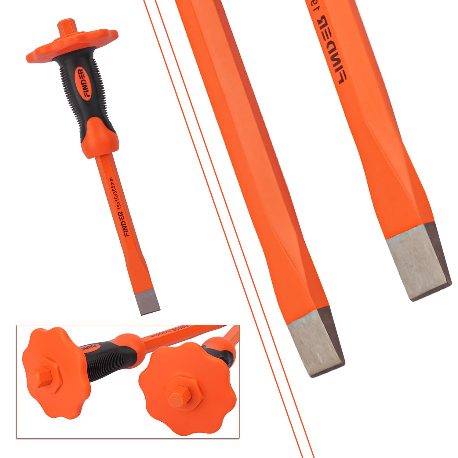 Lot de 2 burins plats robustes de 30,5 cm en acier CR-V à tête plate avec poignée ABS + TPR et protection des mains pour les tâches de maçonnerie