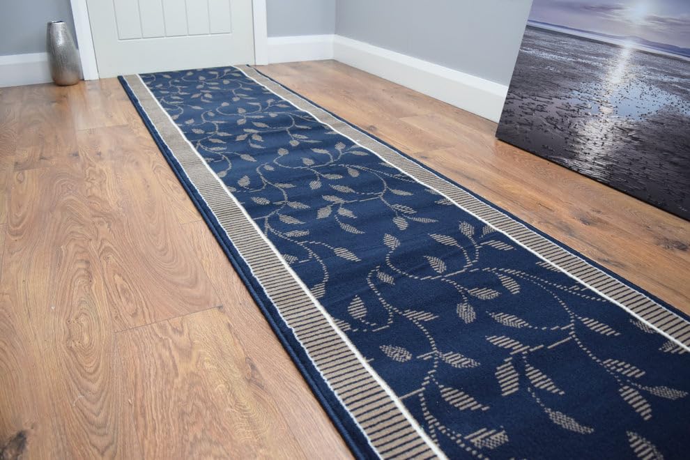 SrS Rugs® Luna Collection, Modern Long Carpet Runner Rug for Entrance Hall and Stairs. Smooth Soft 8mm Depth Pile. 70cm Wide (Border Leaf Navy, Length: 30' (914cm)) — image 1