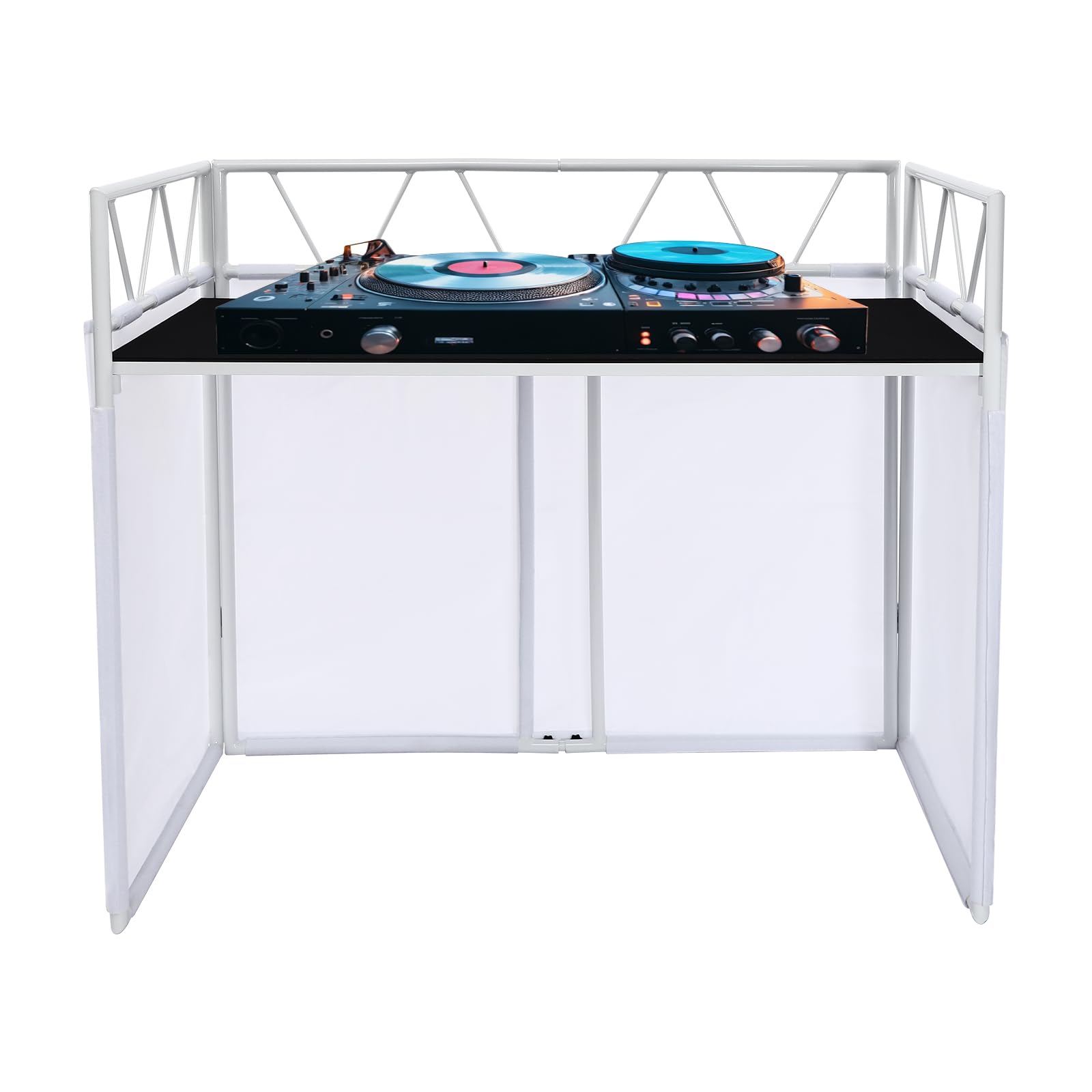 DYNAMI Portable Standing DJ Table,Foldable DJ Booth Table White Oxford Cloth,Aluminum Metal DJ Controller Stand Load 44lbs,35.6