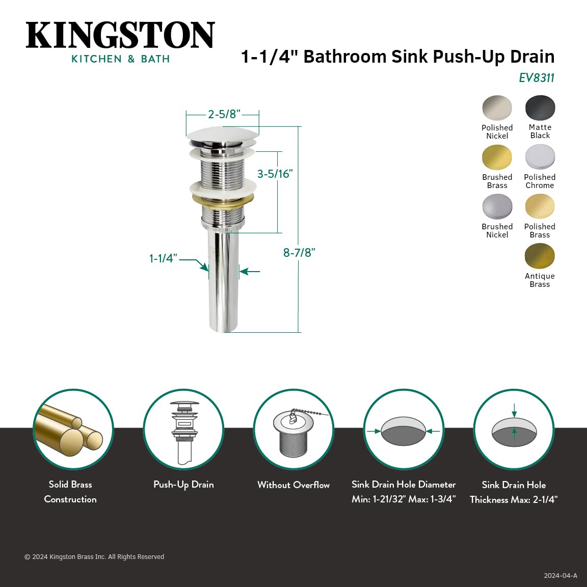 Kingston Brass EV8316 Coronet - Desagüe desplegable para lavabo de baño sin desbordamiento, níquel pulido, 8.88 x 2.63 x 2.63 pulgadas