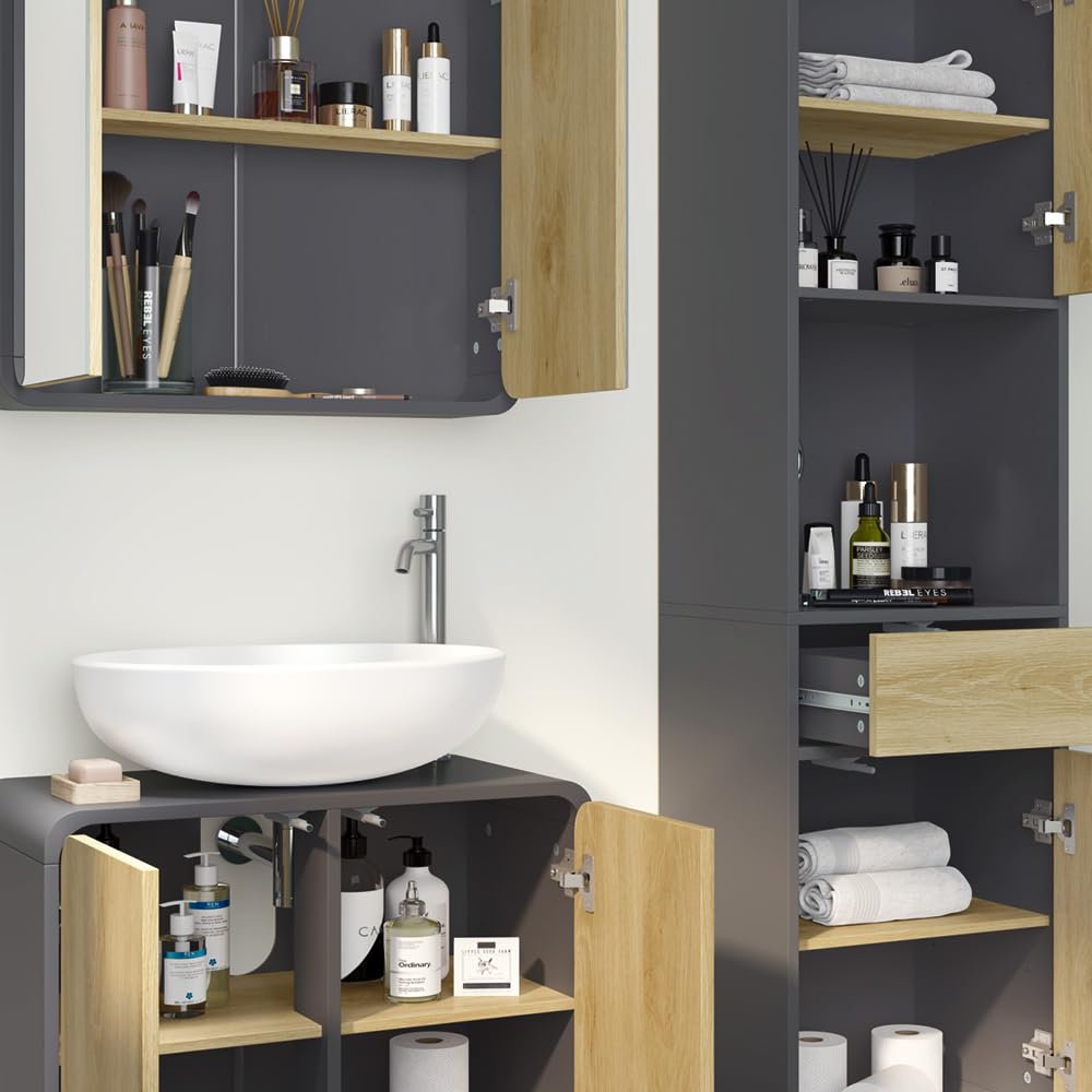 Vicco Set di mobili da bagno Arla, Antracite/quercia, 60 cm, composto da mobile sottolavabo, specchiera e colonna alta