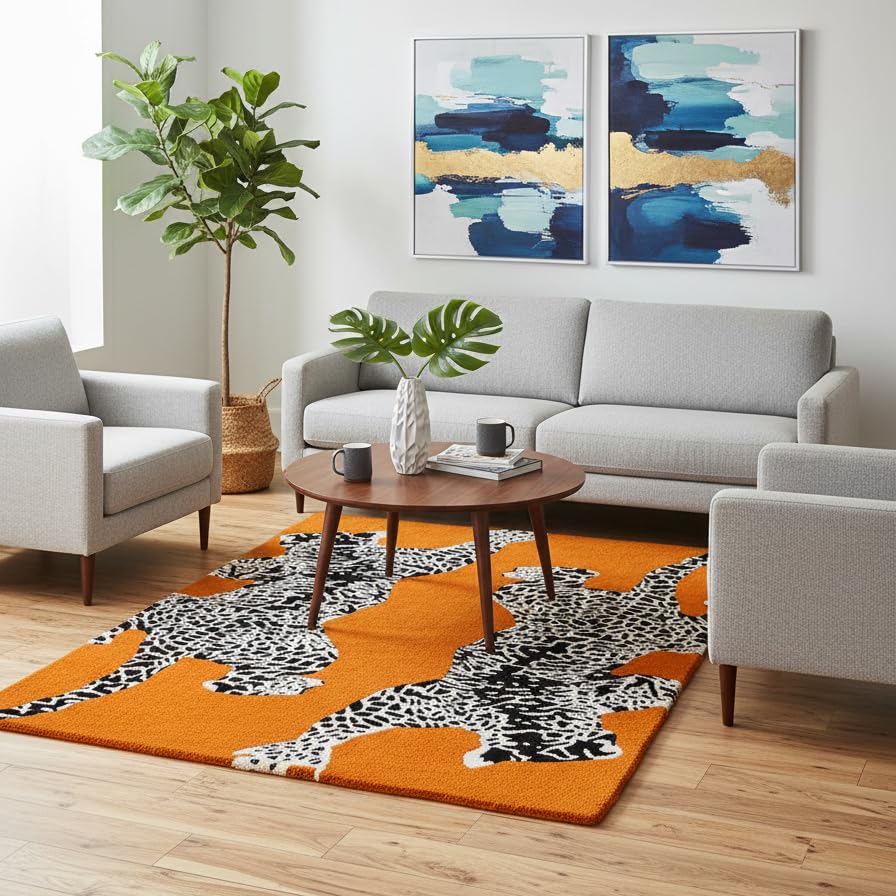 Image of Restoration and Renovation Climbing Jaguar Modern Handmade Wool Rug for Living Room, Bedroom and Dining Room (Orange, 5' x 8')