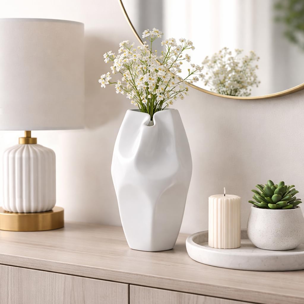 Ceramic Vase – Flower Holder for Table Decor, for Living Room, Dining, and Entryway Placement, Modern Sculptural Design Decorative Vase Home Decor Accent – 14", White