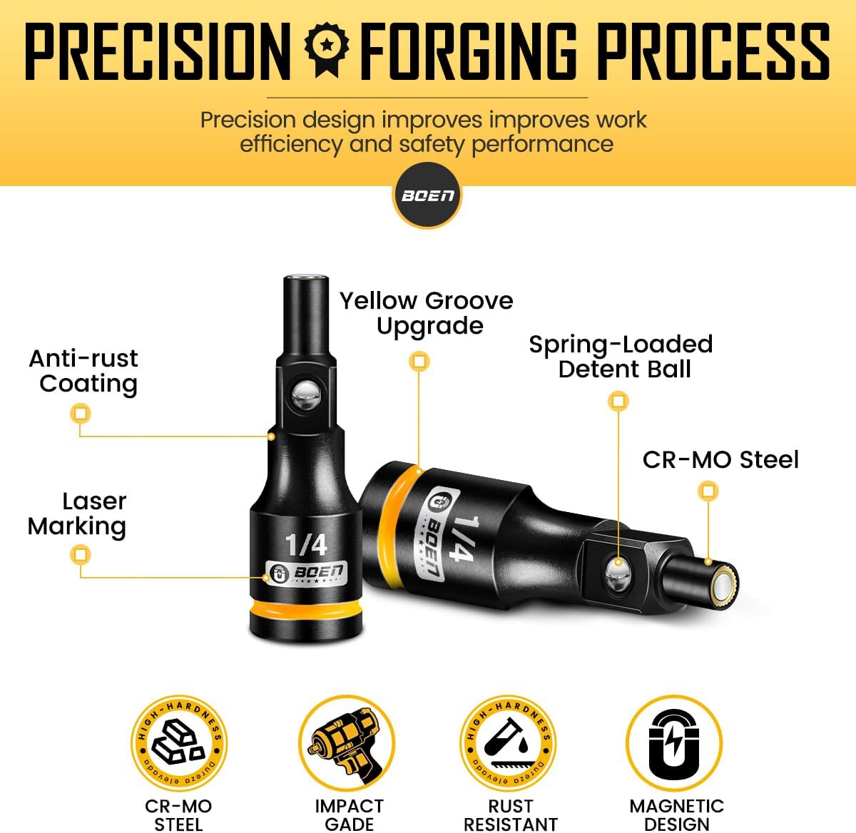 BOEN Magnetic Socket Extension, 1/4" Drive Magnetic Socket Adapters for Keep Bolts, CR-MO Steel Extension Bars with Magnetic Tips - Image 4