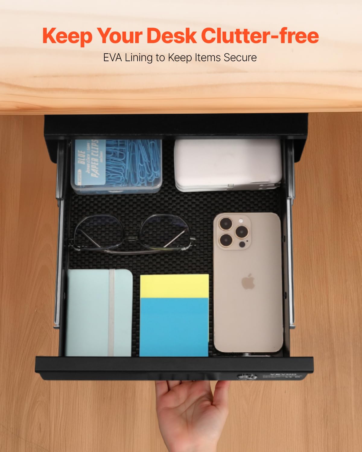 VEVOR Untertisch Schublade 365x335x185 mm, Unterbau Schreibtisch, versteckter Schreibtisch-Aufbewahrungs-Organizer, abschließbare Bleistiftschublade unter dem Tisch für Sitz-Steh-Arbeitsplätze