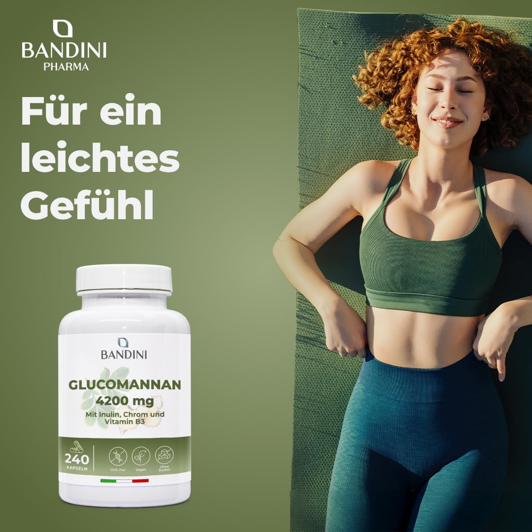 Bandini® Glucomannan aus der Konjak Wurzel - 4200 mg pro Tagesdosis - 240 Kapseln - Optimiert mit Bakterienkulturen, Chrom, Vitamin B3 und Inulin - Hochdosiertes Supplement - Vegan