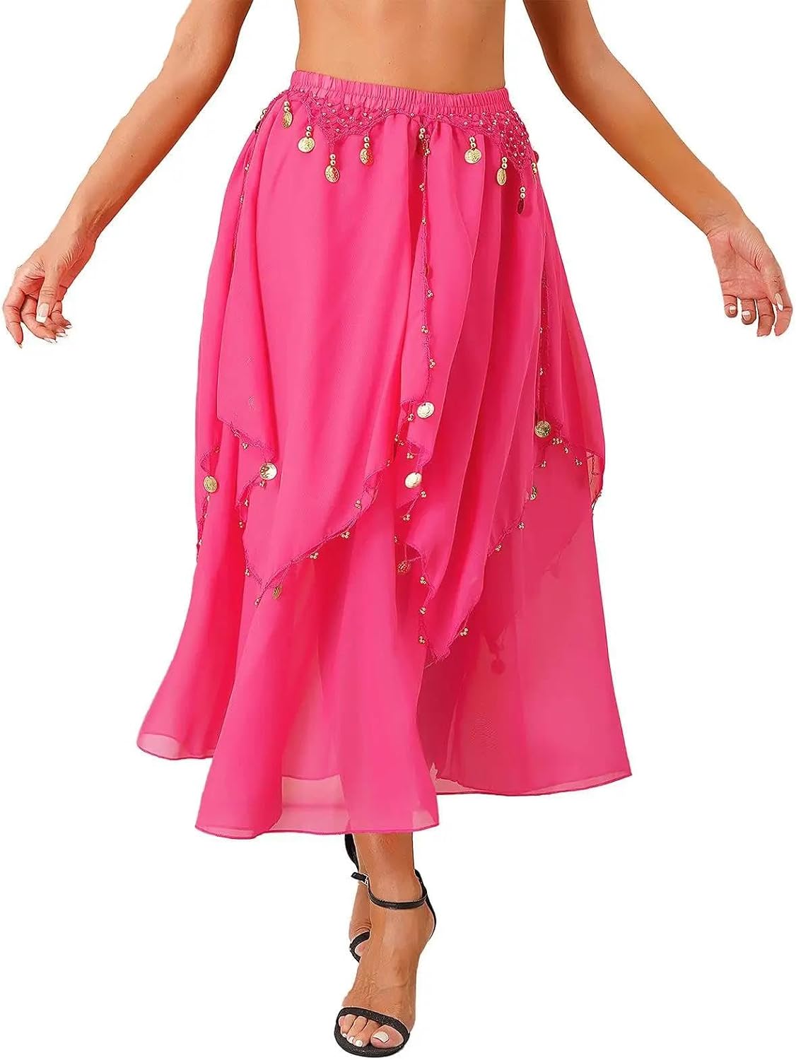 Womens Sequined Belly Dance Skirts with Beads Tulle Skirt Dance Split Maxi Skirts Belly Dance Performance Costume