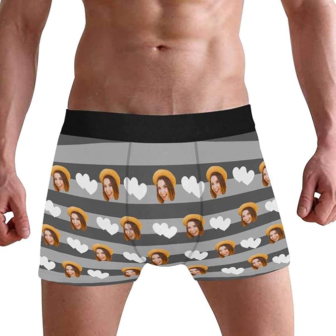 Custom Boxers for Men Men's Boxers Photo on Underwear Shorts White Hearts  with Full Grey Stripes at Amazon Men's Clothing store