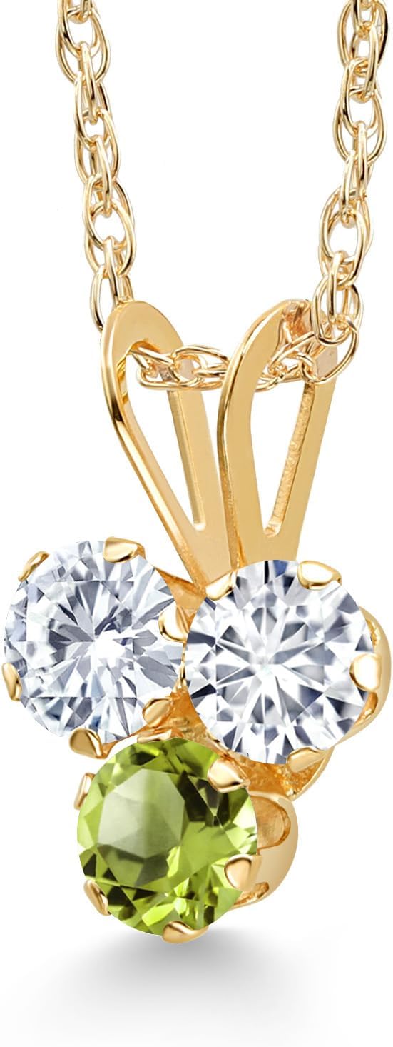 Gem Stone King 14K Yellow Gold White Lab Grown Diamond and Green Peridot 3-Stone Pendant Necklace For Women (0.32 Cttw, Gemstone April Birthstone, Round 3MM, 18 Inch Chain) - Image 2