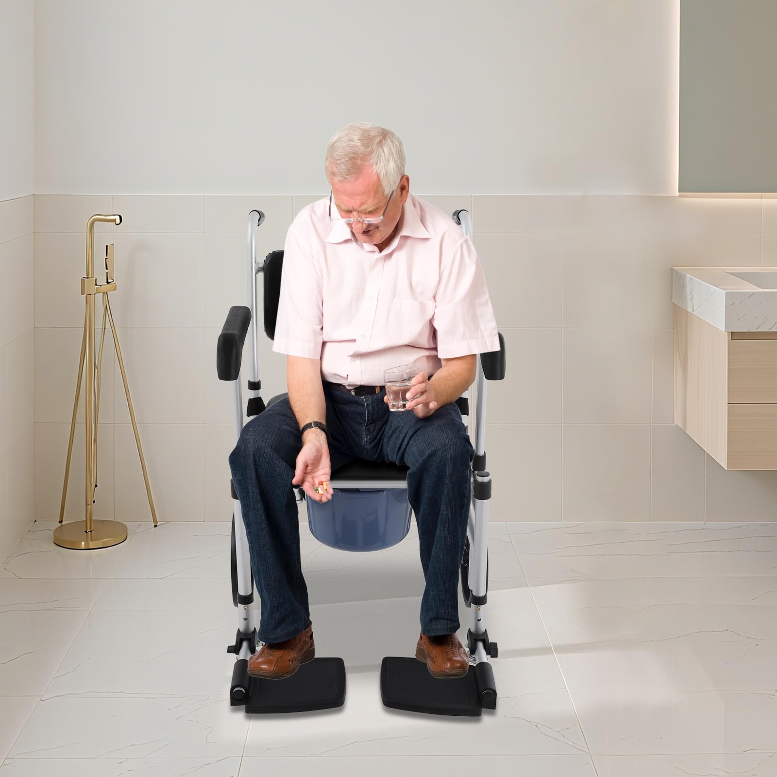 Sedia WC indipendente in alluminio con ruote, portata fino a 150 kg, altezza regolabile 46-51 cm, sedia a rotelle per il bagno, sedia a rotelle per anziani e disabili