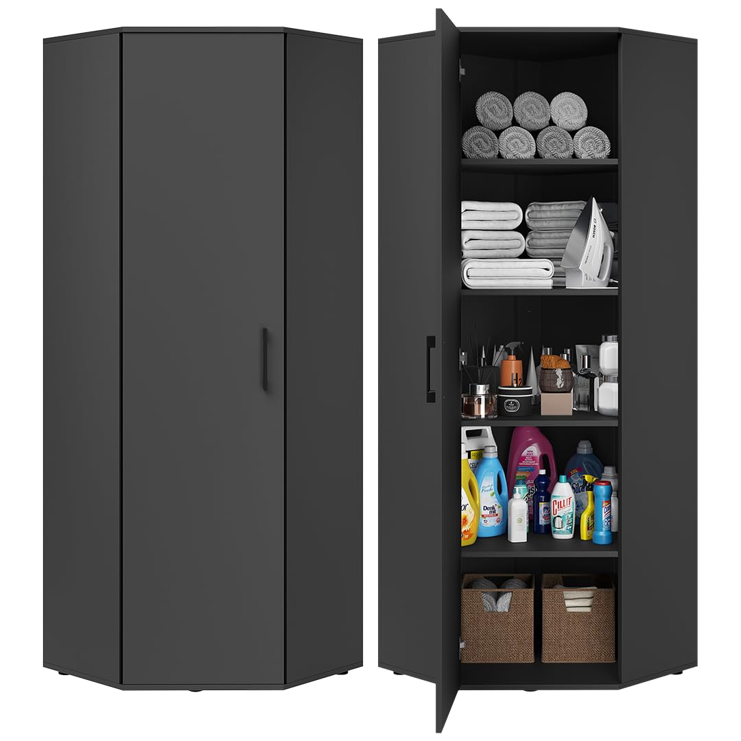 Bellamio Apol Eckschrank schwarz – großer Mehrzweckschrank – Allzweckschrank aus Holz – Haushaltsschrank mit 5 Fächern – Aktenschrank für Flur/Küche/Büro – Putzschrank – Aufbewahrungsschrank