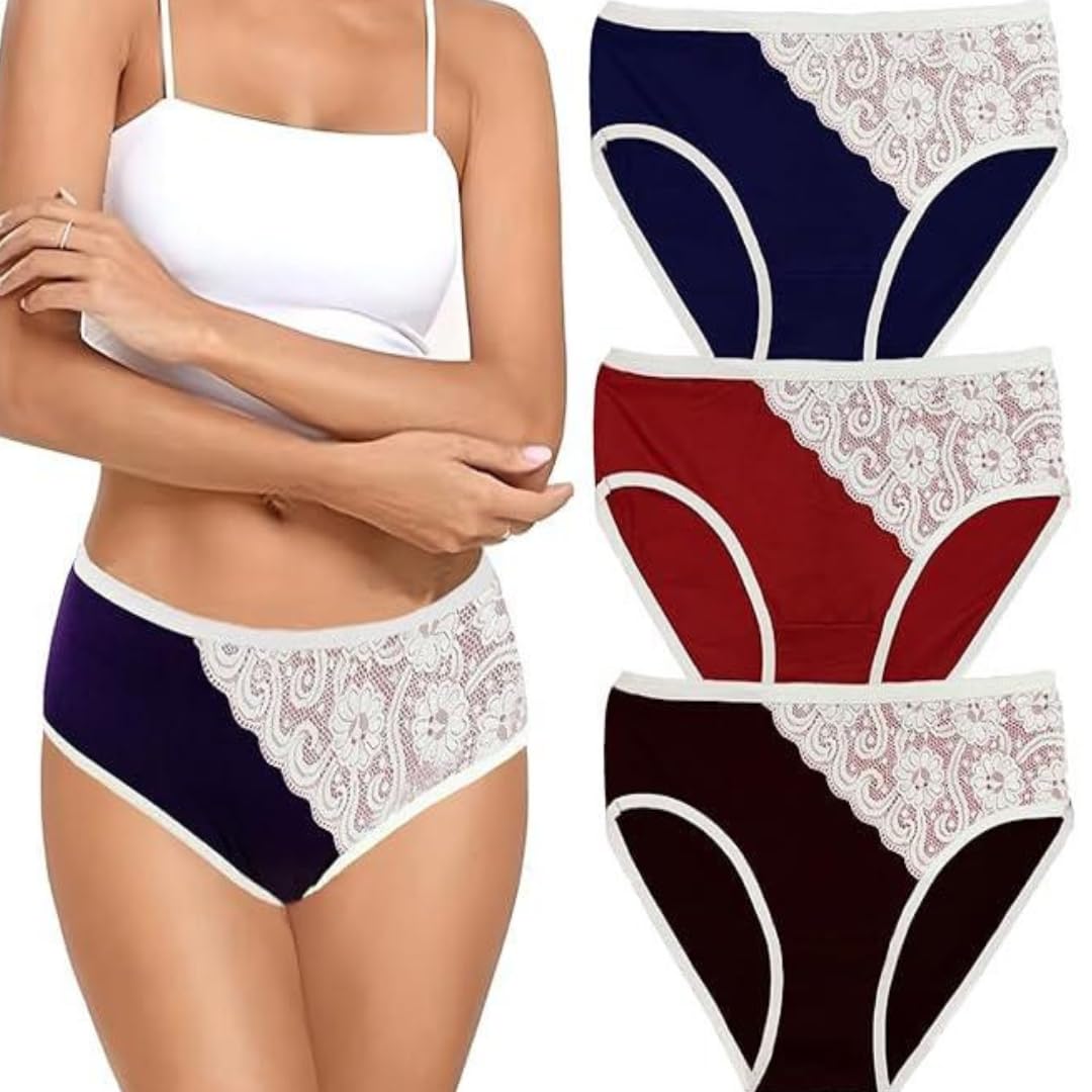 Women's Cotton Panties for Women Bikini Underwear Hipster Underpants Lace Trim Briefs Pack, Pack of 3, Navy Blue, Maroon, Brown-picture-15
