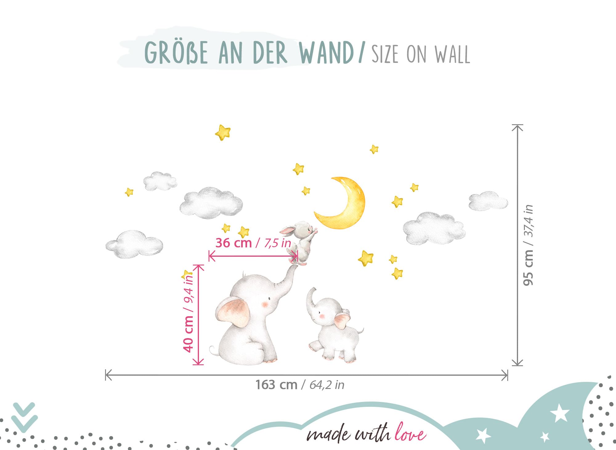 Little Deco Wandtattoo Babyzimmer Elefant und Hase mit Mond und Sternen I 163 x 95 cm (BxH) I Kinderbilder Deko Kinderzimmer Mädchen Aufkleber Junge Sticker DL463