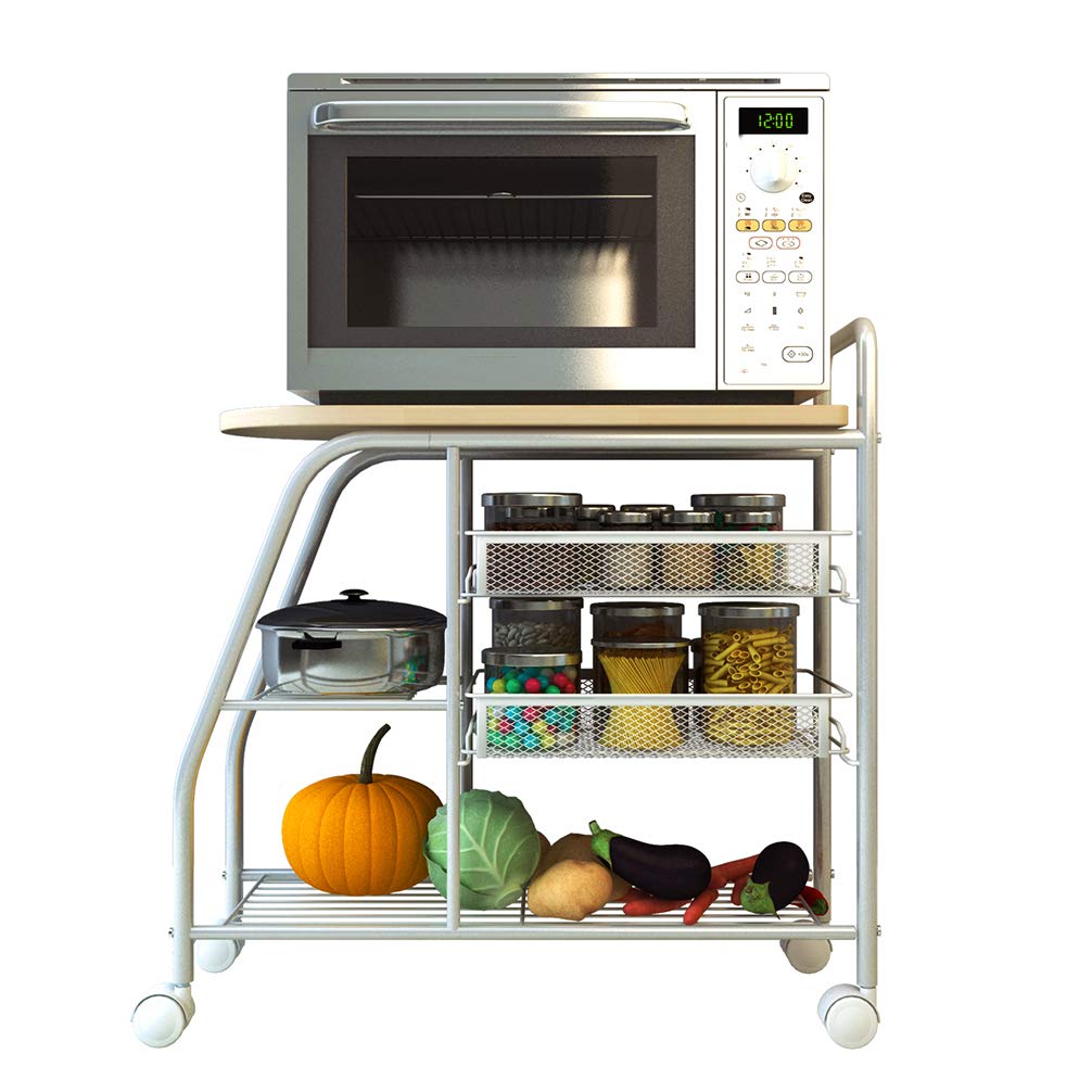 ZYFA Carrello Cucina Servizio,Scaffale Portaoggetti Mobile per Forno a microonde,Portaoggetti Multiuso, Salvaspazio Rete Metallica Contenitori, in Legno Robusto Rotolamento,4 Ruote Girevoli