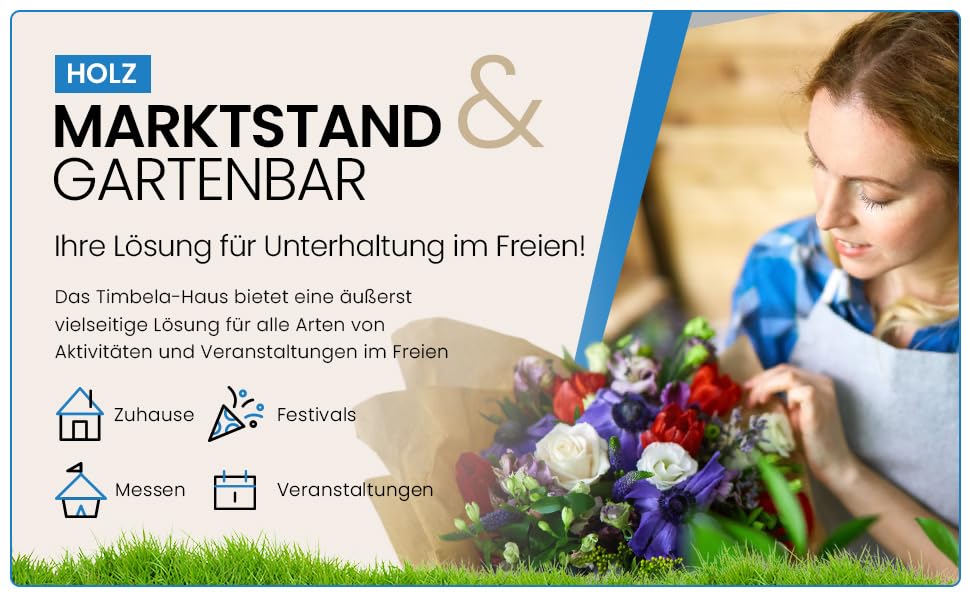 TIMBELA M150B Holz Gartenhaus, Marktbude Holz, Qualitäts Schiffslatten Kiefern Fichte Verkaufsstand Holzhaus mit Theke, FÜNF Fenster, 200x300/6 m2, große multifunktionale Garten-Bar Verkaufshütte