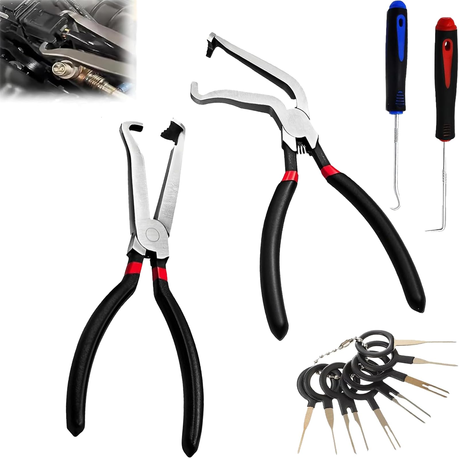 Electrical Disconnect Pliers Fuel Line Disconnect Tool with Anti-Slip Grip, hose removal pliers (1*Red60°+1*Red straight) ?with 2 Pcs Oil Seal Hooks and 8 Pcs Terminal Removal Tools?