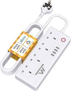 Smart Power Strip WiFi Plug Surge Protector, Extension Lead with 4 Separate Controllable AC Outlets and 4 USB Port, Remote control, Timing Schedule, Compatible with Alexa and Google Home, White