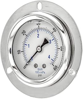 PIC Gauge 204L-254D Glycerin Filled Industrial Front Flanged Panel Mount Pressure Gauge with Stainless Steel Case, Brass Internals, Plastic Lens, 2-1/2" Dial Size, 1/4" Male NPT Connection Size, 0/60 psi Range