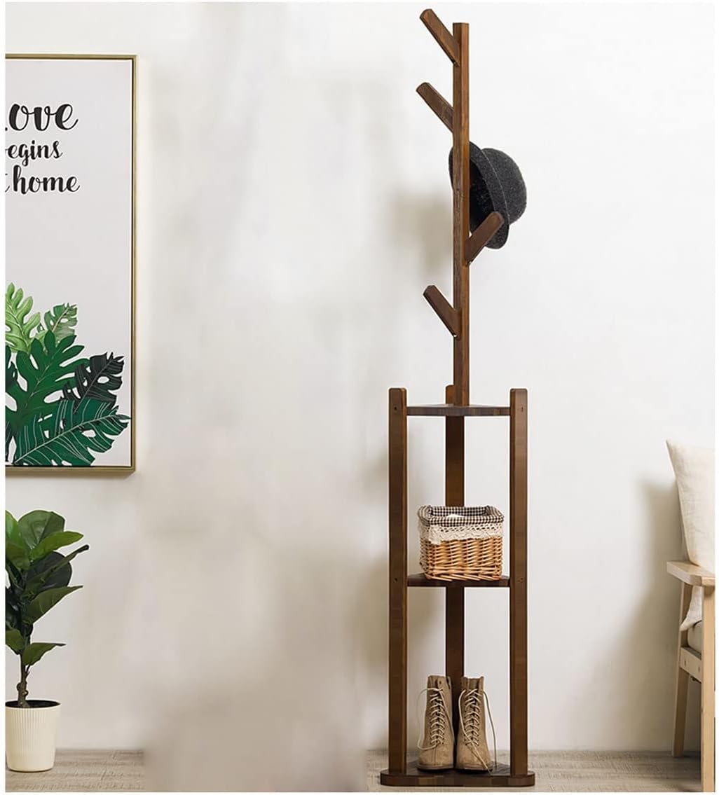 KIJyfgTR Coat Rack Stand, 2 In 1 Bamboo Coat Tree Hall Tree, For Home Bedroom Laundry Small Place Entryway(Braun)