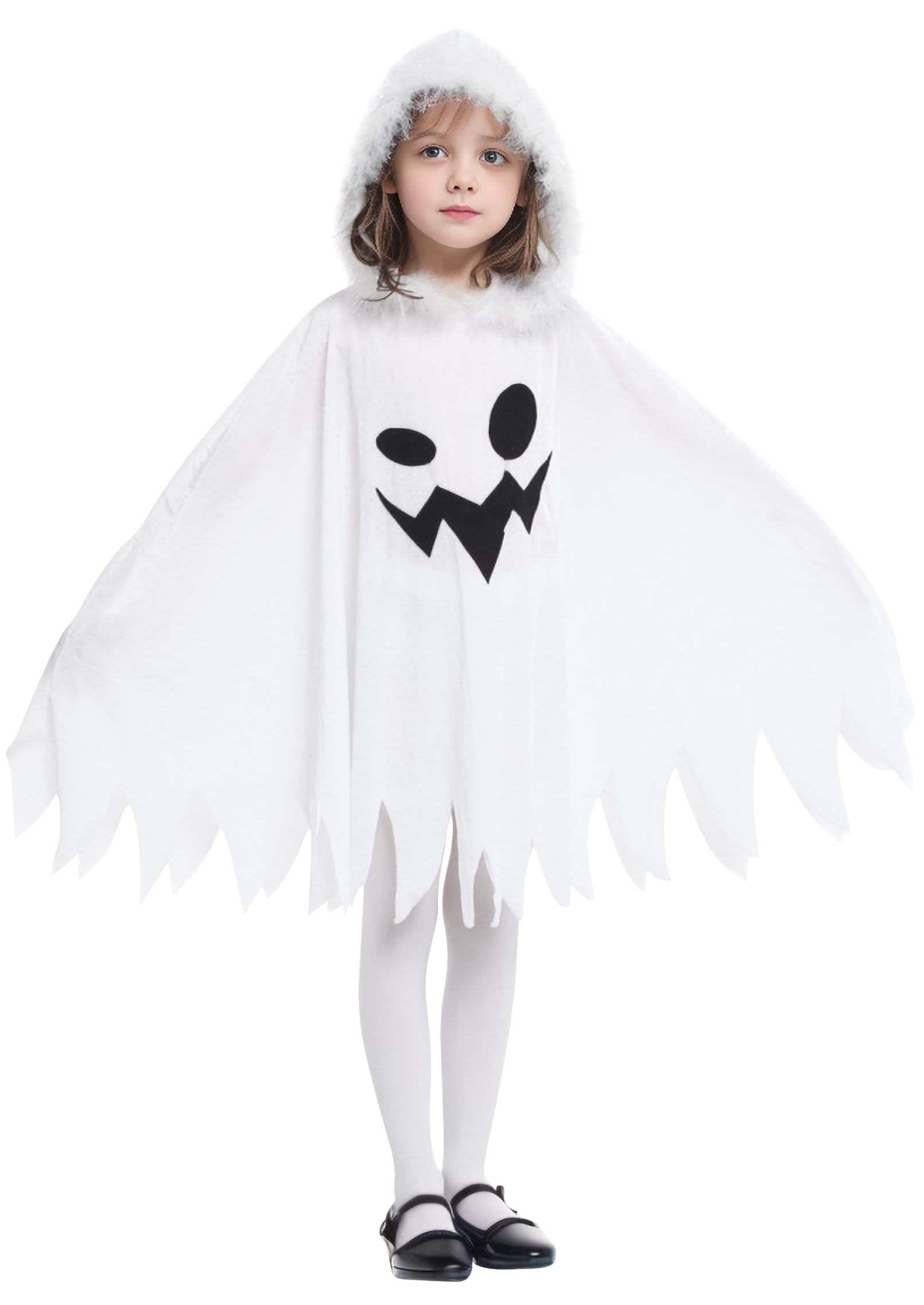 GEMVIE Disfraz de Fantasma Niña,Disfraz de Halloween Ghost blanco capa con capucha,Disfraz de Cosplay de Fiesta de Halloween y Carnaval