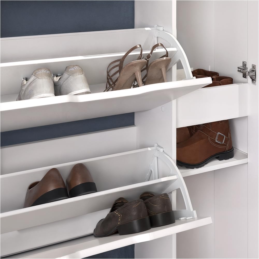 Vicco Zapatera abatible Luca, Blanco, 90 x 180.5 cm con 5 compartimentos basculantes y espejo