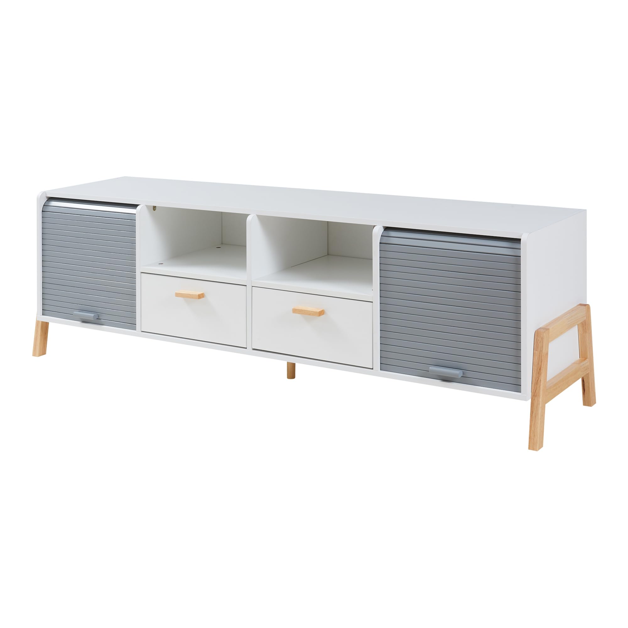 [en.casa] TV Schrank Kvaefjord Lowboard mit 2 Schubladen und 2 Jalousietüren Fernsehschrank 160 x 40 x 52 cm TV Board Fernsehtisch Weiß/Grau