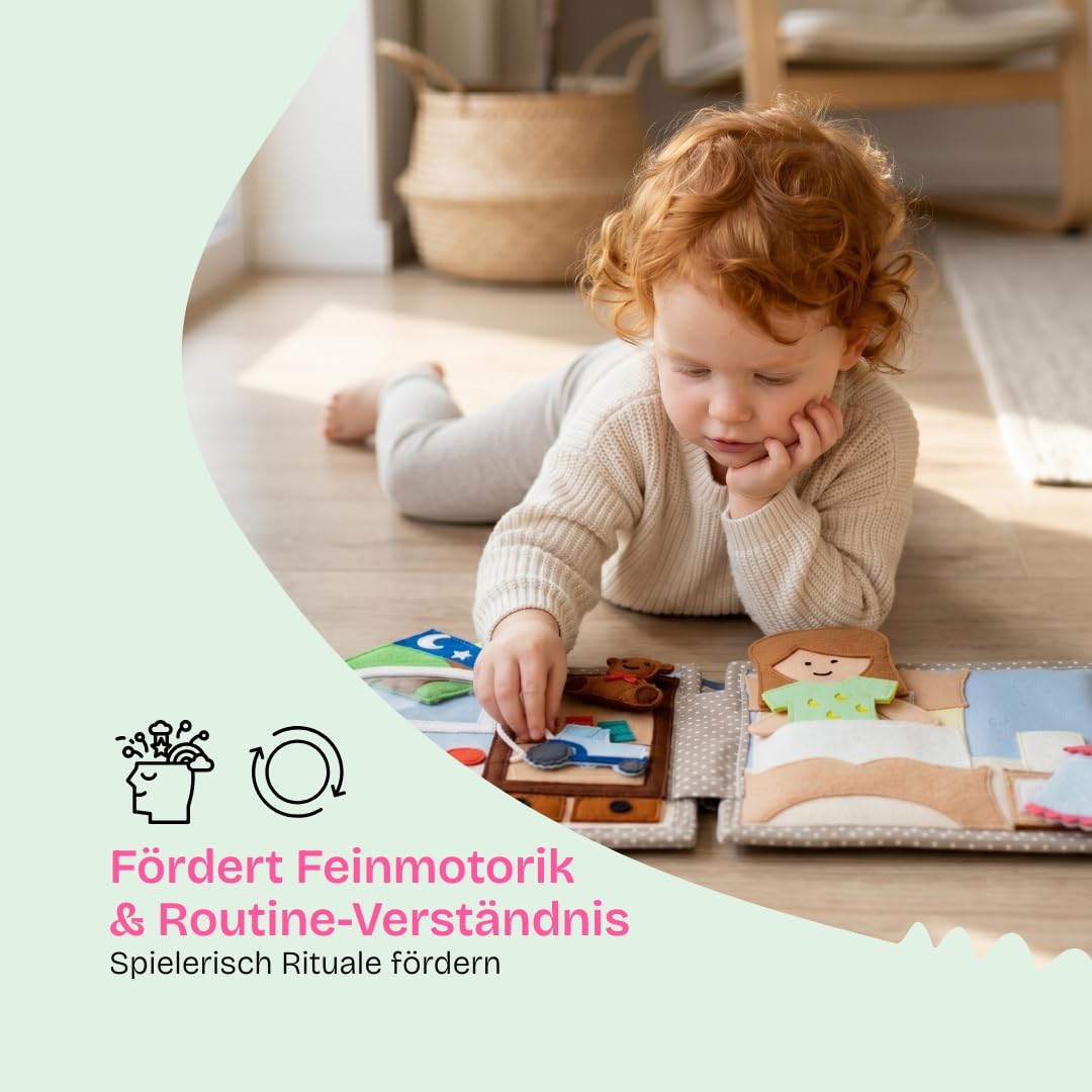 Jolly Designs Quiet Book Mondschein – Montessori Spielzeug ab 18 Monaten – Sensorisches Stoffbuch für Kinder – Handgemachtes Busy Book aus Filz – Lernspielzeug & Reisespielzeug