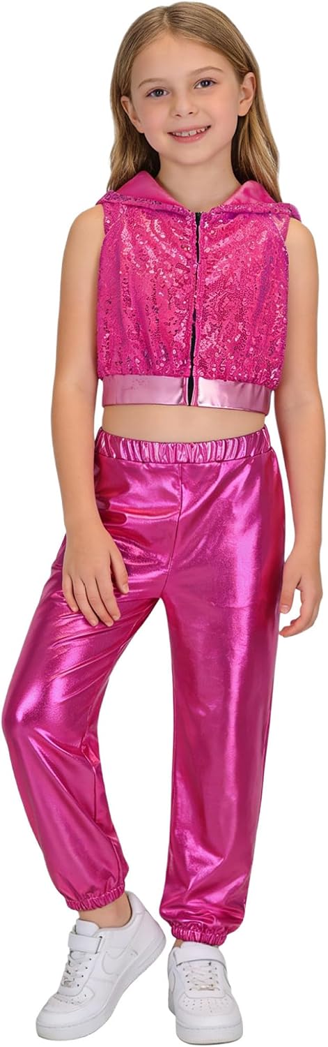 Kid Girls Sequins Hip Hop Dance Outfits 2pcs Sleeveless Hooded Vest with Jogging Pants Set for Jazz Dance Performance